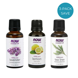 NOW essential oil bottles - lavender, lemon, tea tree